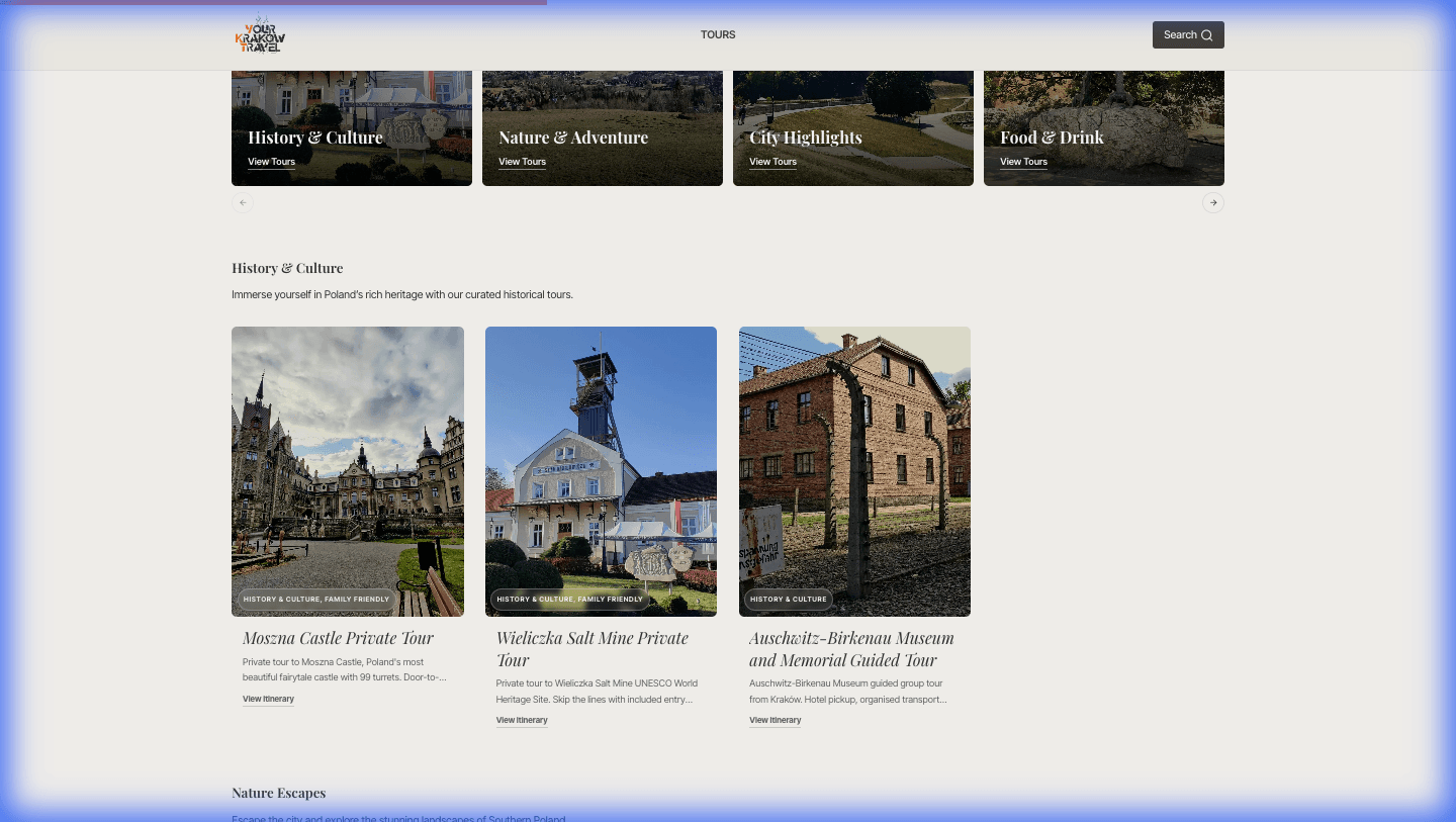 Tour catalog grid with category filters