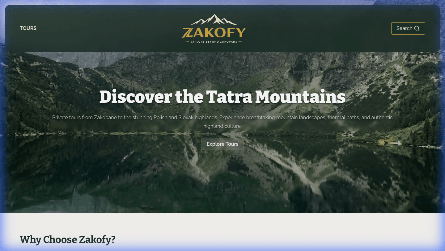 Zakofy homepage hero with mountain panorama